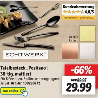 Lidl Echtwerk Tafelbesteck ,,Positano", 30-tlg. mattiert Angebot