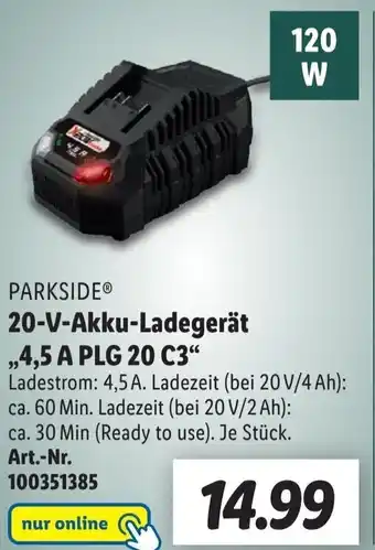 Lidl Parkside 20-V-Akku-Ladegerät ,,4,5 A PLG 20 C3" Angebot