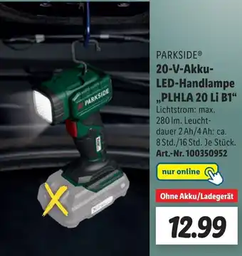 Lidl Parkside 20-V-Akku-LED-Handlampe ,,PLHLA 20 Li B1" Angebot