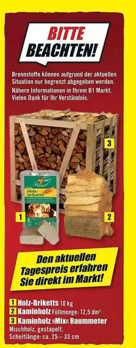 B1 Discount Baumarkt Holz-briketts, kaminholz oder kaminholz mix raummeter Angebot