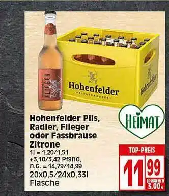 Elli Markt Hohenfelder pils, radler, flieger oder fassbrause zitrone Angebot