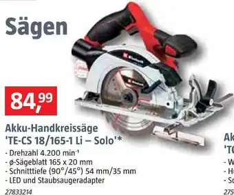 Bauhaus Akku-handkreissäge 'te-cs 18/165-1 li – solo' Angebot