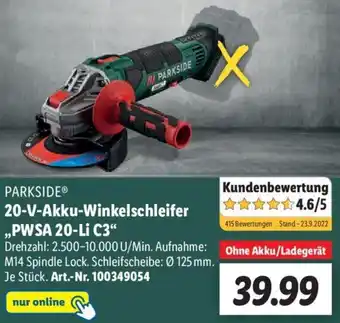 Lidl Parkside 20 V Akku Winkelschleifer ,,PWSA 20-Li C3" Angebot