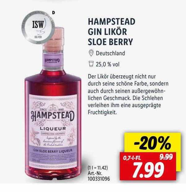 Hampstead gin likör sloe berry Angebot bei Lidl