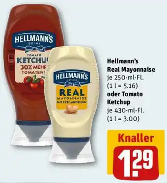 REWE Hellmann's Real Mayonnaise 250 ml oder Tomato Ketchup 430 ml Fl. Angebot