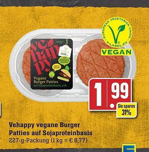 Vehappy vegane burger patties auf sojaproteinbasis Angebot bei Edeka