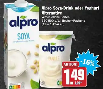 AEZ Alpro Soya Drink oder Yoghurt Alternative 350/500g/1L Becher Angebot