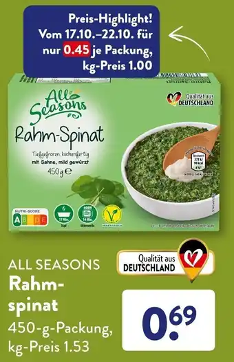 Aldi Süd All Seasons Rahmspinat 450 g Packung Angebot