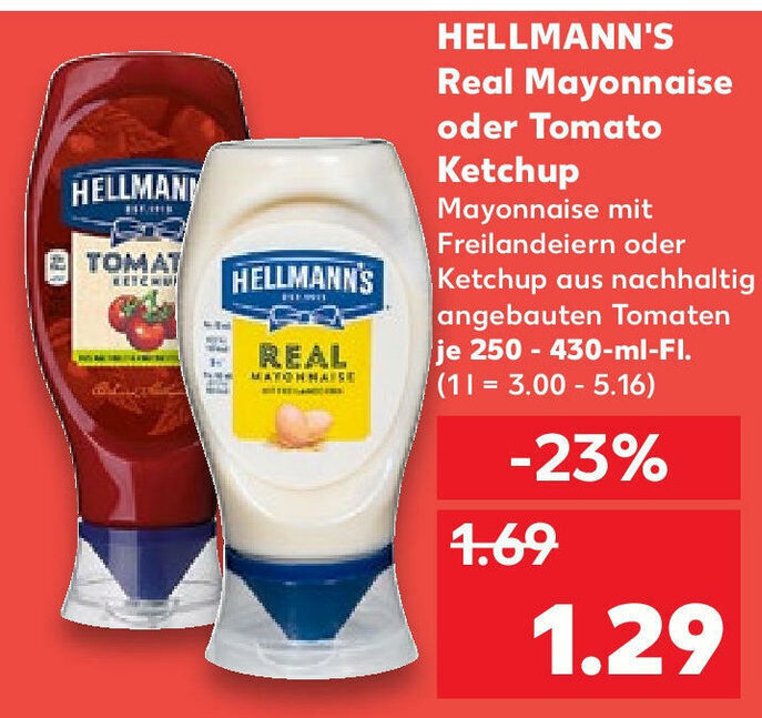 Hellmann's Real Mayonnaise oder Tomato Ketchup 250430ml Angebot bei