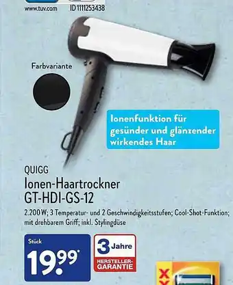 Aldi Nord Quigg ionen-haartrockner gt-hdi-gs-12 Angebot