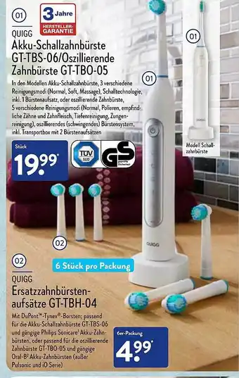 Aldi Nord Quigg akku-schallzahnbürste gt-tbs-06 oszillierende zahnbürste gt-tb0-05 oder ersatzsahnbürsten-aufsätze gt-tbh-04 Angebot