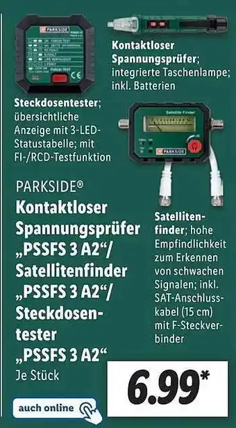 Lidl Parkside kontaktloser spannungsprüfer pssfs3a2, satellitenfinder pssfs3a2 oder steckdosentester pssfs3a2 Angebot