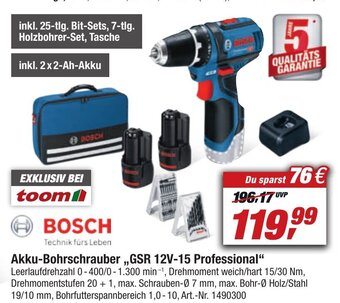 toom Baumarkt Bosch Akku Bohrschrauber GSR 12V-15 Professional Angebot