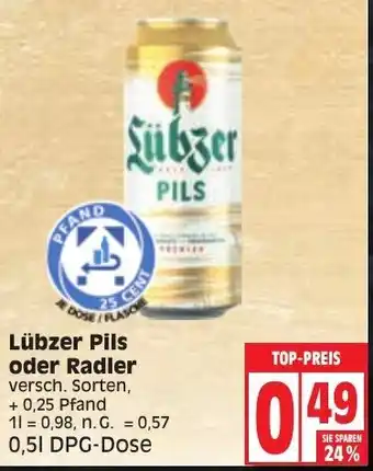 Edeka Lübzer Pils oder Radler 0,5 L DPG Dose Angebot