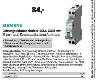 Conrad Siemens leitungsschutzschalter 5sl6 com mit mess- und kommunikationsfunktion Angebot