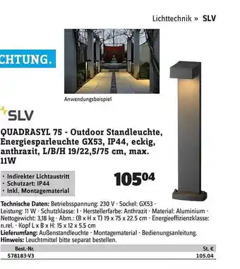 Conrad Slv quadrasyl 75 - outdoor standleuchte, energiesparleuchte gx53, ip44, eckig, anthrazit, l-b-h 19-22,5-75 cm, max, 11w Angebot