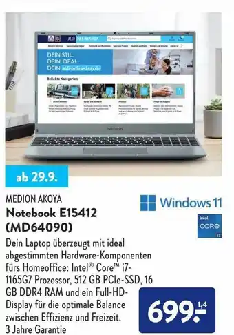 Aldi Süd Medion akoya notebook e15412 (md64090) Angebot