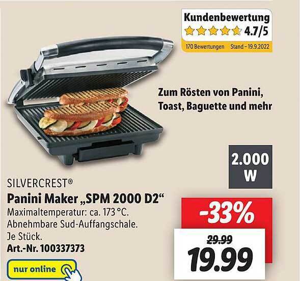 Silvercrest panini maker „spm 2000 d2“ Angebot bei Lidl