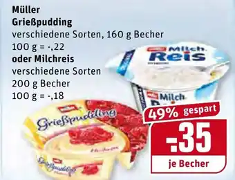 REWE Müller Grießpudding 160g Becher oder Milchreis 200g Becher Angebot