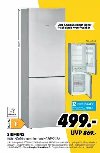 MEDIMAX Siemens kühl- gefrierkombination kg36v2lea Angebot