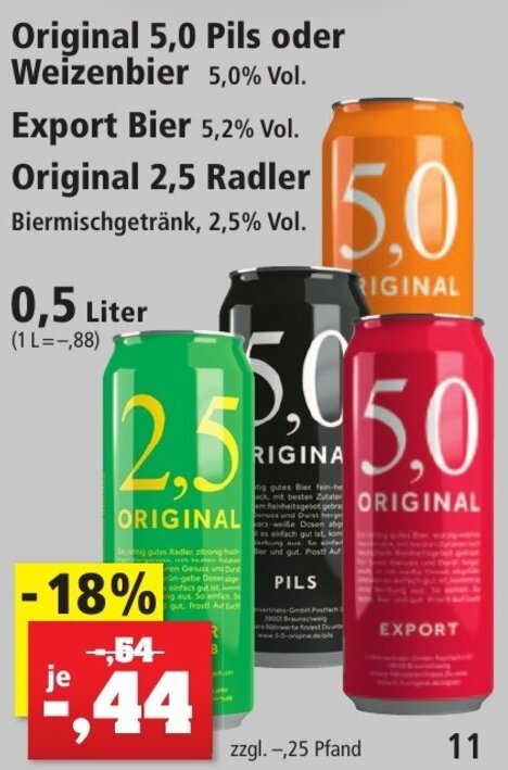Original 5,0 Pils oder Weizenbier, Export Bier, Original 2,5 Radler 0,5 ...