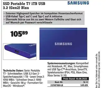 Conrad Ssd portable t7 1tb usb 3.2 (gen2) blau samsung Angebot