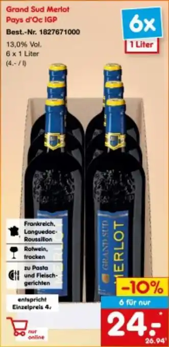 Netto Marken-Discount Grand Sud Merlot Pays d'OC IGP 6x1 Liter Angebot