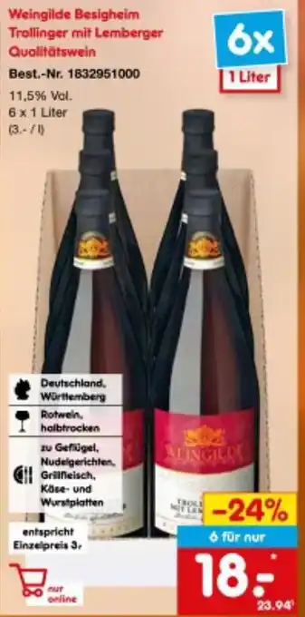 Netto Marken-Discount Weingilde Besigheim Trollinger mit Lemberger Qualitätswein 6x1 Liter Angebot