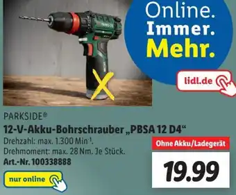 Lidl Parkside 12 V Akku Bohrschrauber ,,PBSA 12 D4" Angebot
