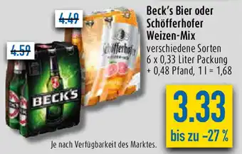 diska Beck's Bier oder Schöfferhofer Weizen Mix 6x0,33 Liter Packung Angebot