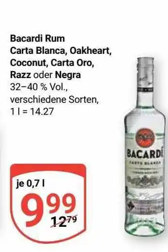 Globus Bacardi rum carta blanca, oakheart, coconut, carta oro, razz oder negra Angebot