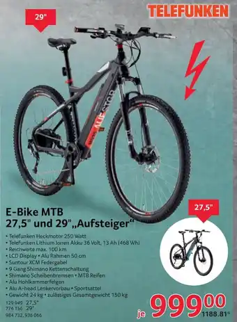 Selgros TELEFUNKEN E-Bike MTB 27,5 und 29 Aufsteiger Angebot