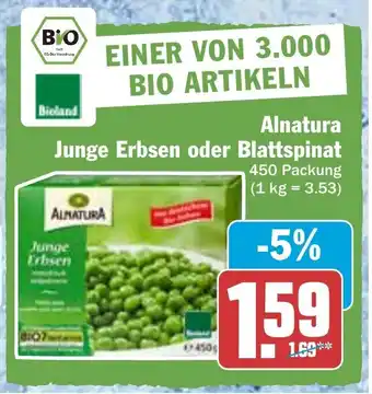 Hit Alnatura Junge Erbsen oder Blattspinat 450 g Packung Angebot