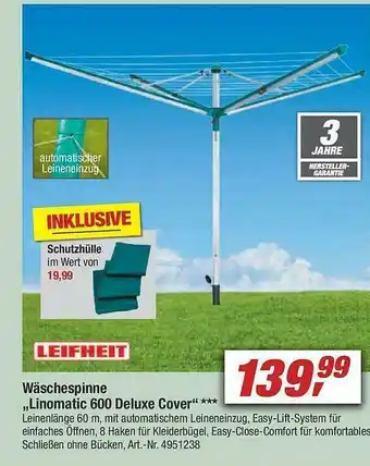 toom Baumarkt Leifheit Wäschspinne „Linomatic 600 Deluxe Cover” Angebot