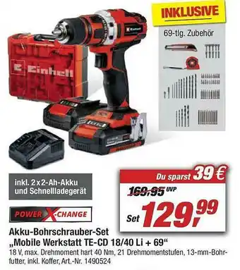 toom Baumarkt Power X-change Akku Borhschrauber Set „Mobile Werkstatt Te-cd 18-40 Li+69” Angebot