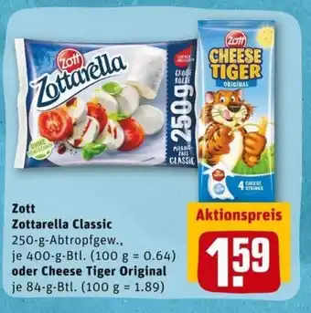 REWE PETZ Zott Zottarella Classic 250g oder Cheese Tiger Original 84g Angebot