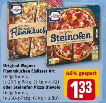 REWE PETZ Original Wagner Flammkuchen Elsässer Art 300g oder Steinofen Pizza Diavolo 350g Angebot