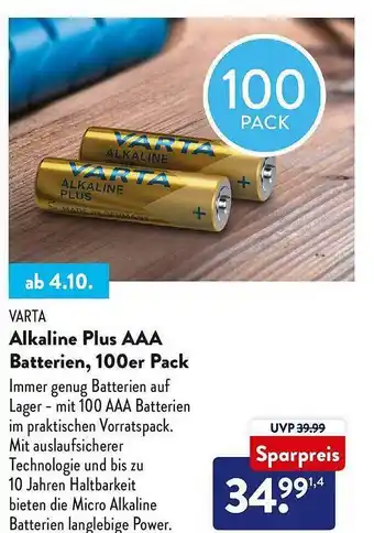 Aldi Nord Varta alkaline plus aaa batterien, 100er pack Angebot