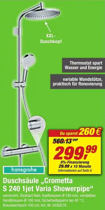 toom Baumarkt Hansgrohe Duschsäule ,,Crometta S 240 1jet Varia Showerpipe" Angebot