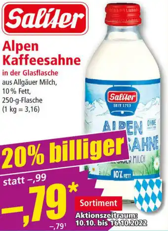 Norma Saliter Alpen Kaffeesahne 250 g Flasche Angebot