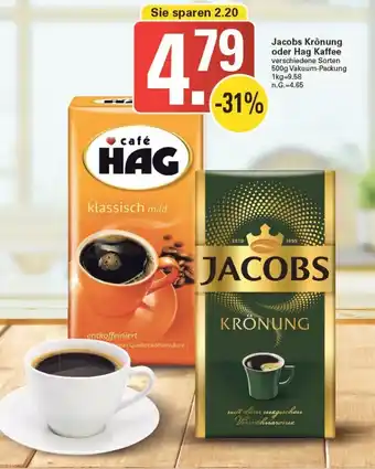 WEZ Jacobs Krönung oder Hag Kaffee 500g Vakuum Packung Angebot