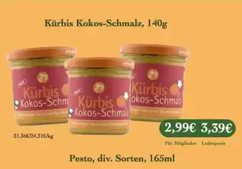 LPG Biomarkt Kürbis kokos-schmalz oder pesto, div. sorten Angebot