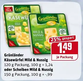 REWE Grünlander Käsewürfel Mild & Nussig 120g oder Scheiben Mild & Nussig 150g Angebot