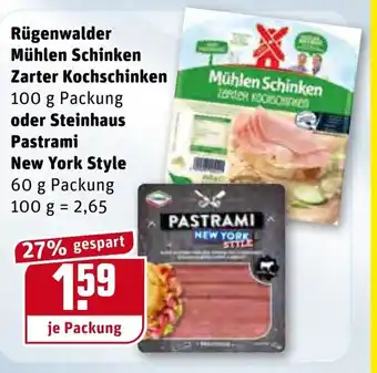 REWE Rügenwalder Mühlen Schinken Zarter Kochschinken 100g oder Steinhaus Pastrami New York Style 60g Angebot