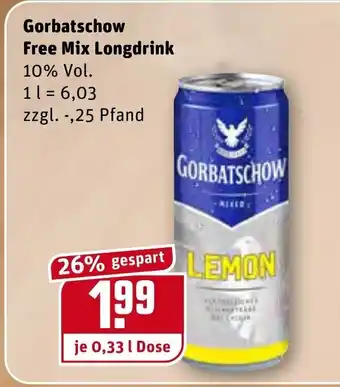 REWE Gorbatschow Free Mix Longdrink 0,33L Angebot