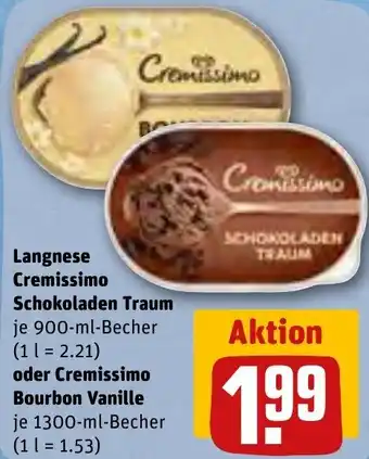 REWE Langnese Cremissimo Schokoladen Traum 900 ml oder Cremissimo Bourbon Vanille 1300 ml Becher Angebot