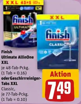 REWE finish Ultimate AllinOne XXL 48 Tab oder Geschirreiniger Tabs XXL Classic 77 Tab Pckg. Angebot