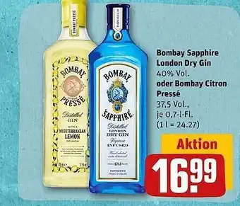 REWE Bombay sapphire london dry gin oder bombay citron pressé Angebot