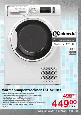 Selgros Bauknecht wärmepumpentrockner tkl m1193 Angebot