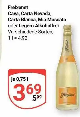 Globus Freixenet cava, carta nevada, carta blanca, mia moscato oder legero alkoholfrei Angebot